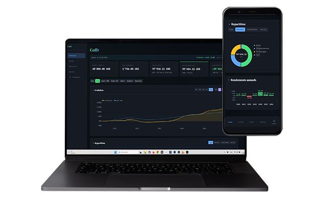 Coffr — Dashboard de suivi de portefeuille sur ordinateur et smartphone